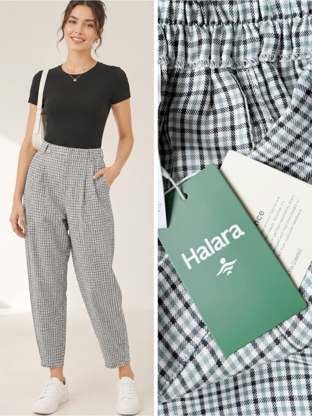 HALARA Black & White Glen Plaid High-Waist Tapered Pants